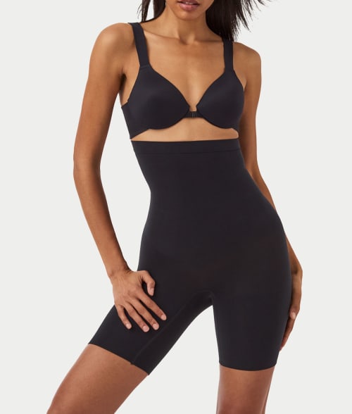 Shop Spanx Everyday Seamless Shaping High-waist Mid-thigh Shaper In Black