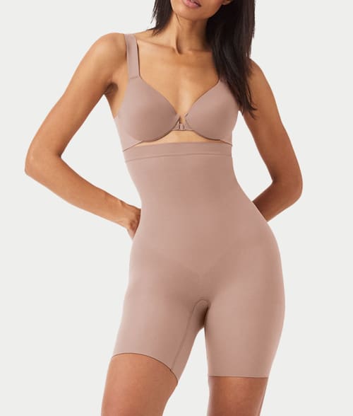 Shop Spanx Everyday Seamless Shaping High-waist Mid-thigh Shaper In Cafe Au Lait