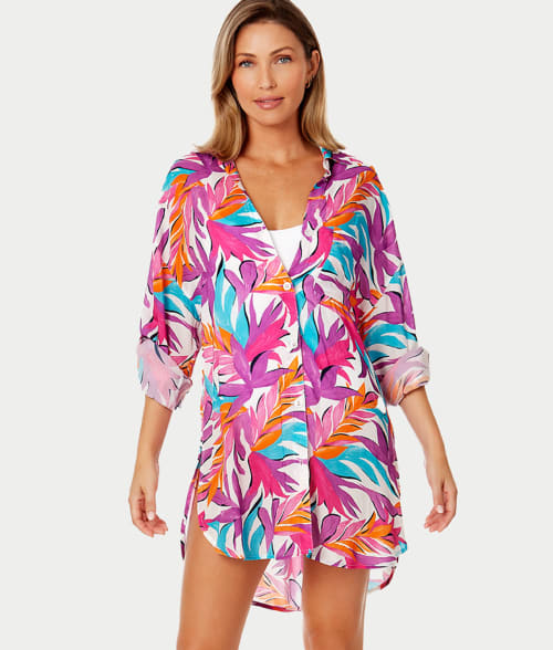 Shop Anne Cole Signature Dance Floor Palm Button-down Cover-up In White Print