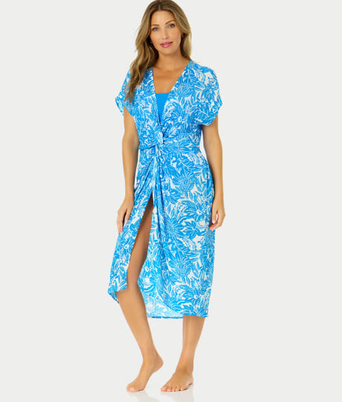 Shop Anne Cole Signature Midnight Floral Twist Front Midi Cover-up Dress In Blue,white