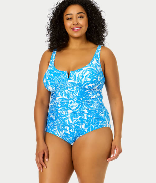 Shop Anne Cole Signature Plus Size Midnight Floral V-wire One-piece In Blue,white