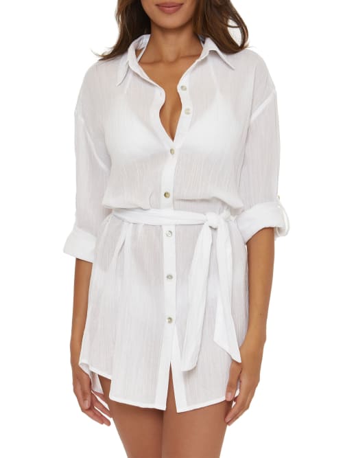 Shop Becca Gauzy Lace Button-down Cover-up In White