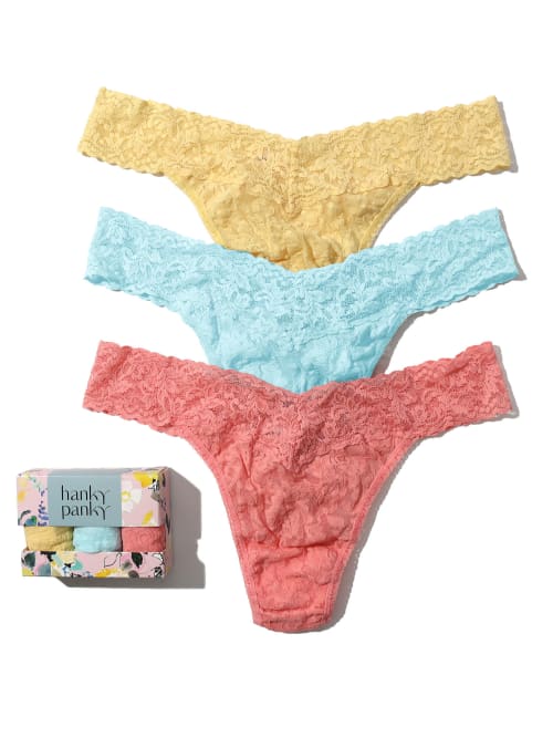 Shop Hanky Panky Signature Lace Original Rise Thong Fashion 3-pack In Buttercup,blue,pink