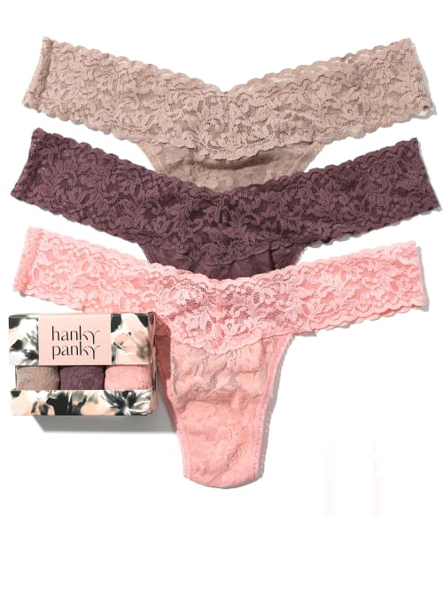 Shop Hanky Panky Signature Lace Low Rise Thong Fashion 3-pack In Taupe,dusk,pink