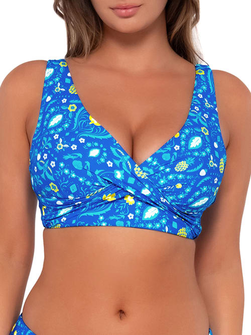 Sunsets Printed Underwire Wrap Bikini Top In Blue