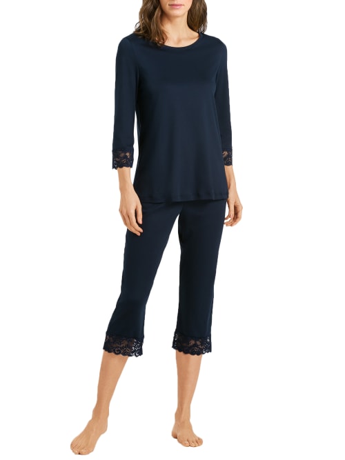 Hanro Moments Lace-trim Cropped Pajama Set In Deep Navy