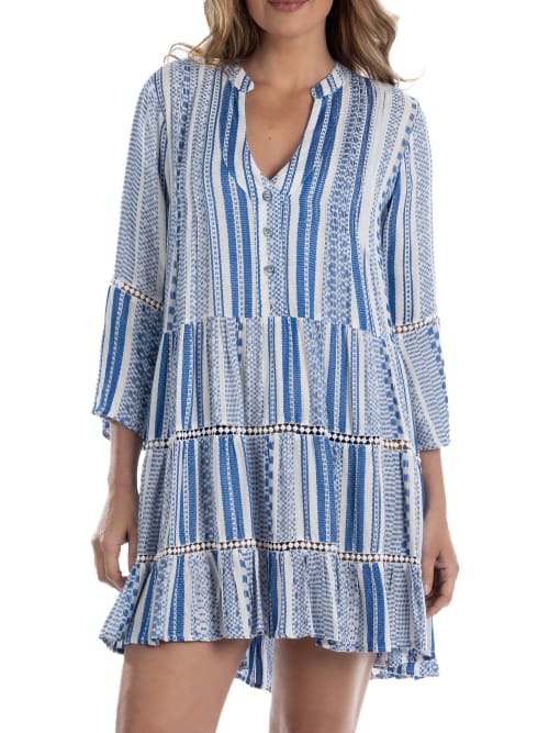 Shop Dotti Geometric Tiered Cover-up Dress In Blue,white