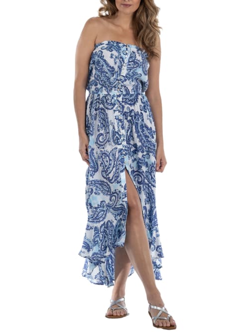 Dotti Strapless Paisley Maxi Dress Cover-up In Blue,white