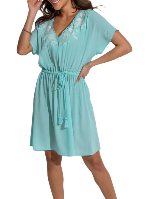 Shop Pour Moi Crinkle Embroidered Kaftan Cover-up In Aqua
