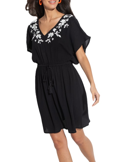 Shop Pour Moi Crinkle Embroidered Kaftan Cover-up In Black