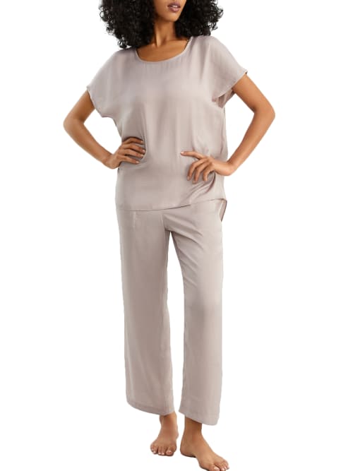 Shop Barefoot Dreams Washed Satin Cropped Pajama Set In Feather