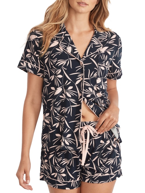 Bare Cool Jade Piped Shorts Set In Tossed Fronds