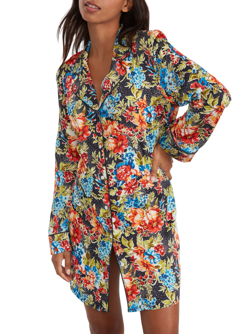Bare Washed Satin Sleep Shirt In Party Floral
