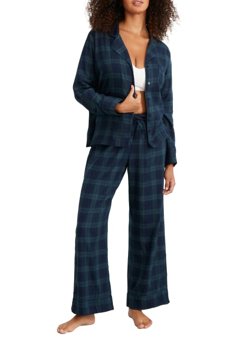 Shop Bare The Cozy Brushed Cotton Pajama Set In Navy,forest Plaid