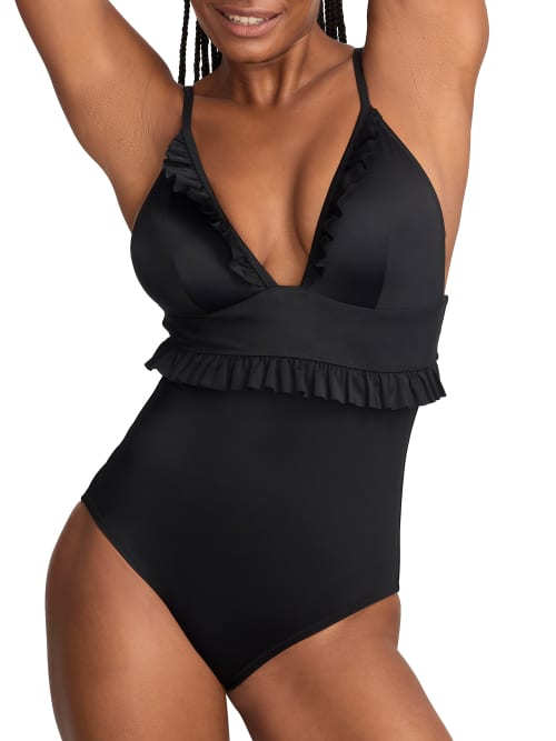 Shop Bare The Slimming Ruffle Plunge One-piece In Black