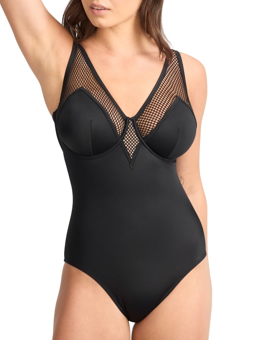 Shop Bare The Slimming Underwire Mesh Plunge One-piece In Black