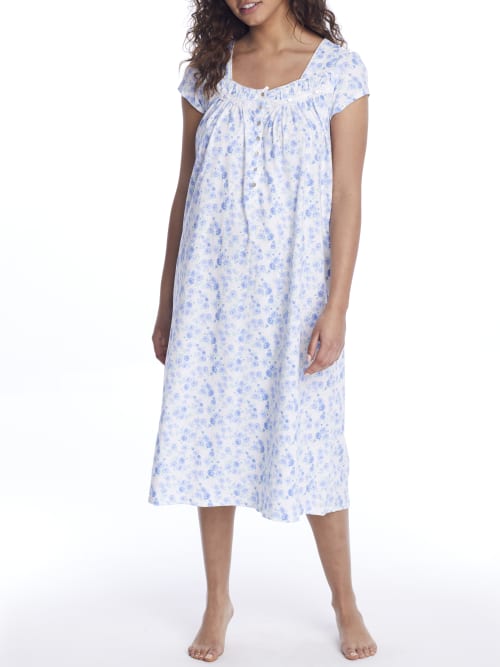 Eileen West Floral Knit Nightgown In White Blue