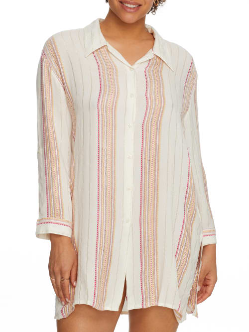 Elan Stripe Button-down Woven Cover-up In White,rose Stripe