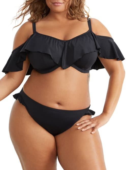 Shop Elomi Plus Size Plain Sailing Ruffle Underwire Bikini Top In Black