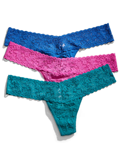 Hanky Panky Holiday Signature Lace Low Rise Thong 3-pack In Teal,blue,pink