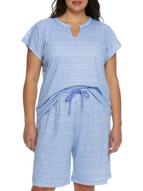 Karen Neuburger Plus Size Split Neck Bermuda Knit Pajama Set In Blue Geo