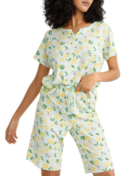 Karen Neuburger Bermuda Knit Pajama Set In Leafy Lemon