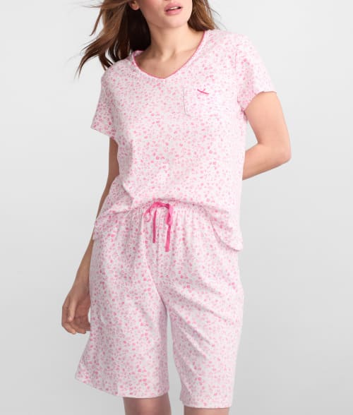 Karen Neuburger V-neck Knit Bermuda Pajama Set In Pink Ditsy