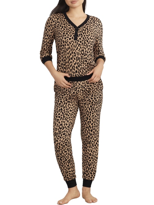 Kate Spade Brushed Cozy Jersey Knit Henley Pajama Set In Modern Leopard