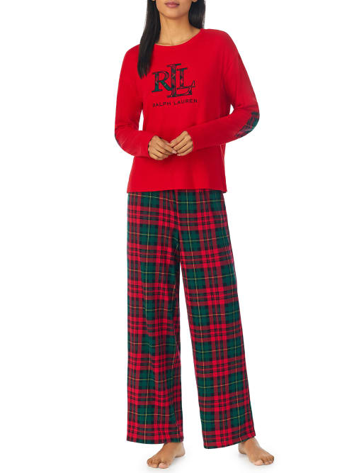 Shop Lauren Ralph Lauren Crew Neck Knit Pajama Set In Red Plaid