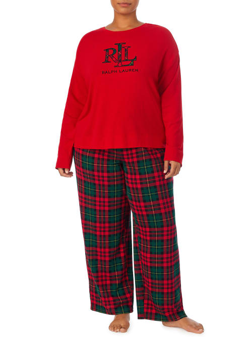 Lauren Ralph Lauren Plus Size Crew Neck Knit Pajama Set In Red Plaid