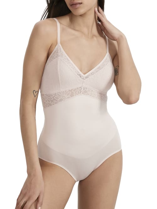 Shop Maidenform Tame Your Tummy Lace Firm Control Bodysuit In Sandshell