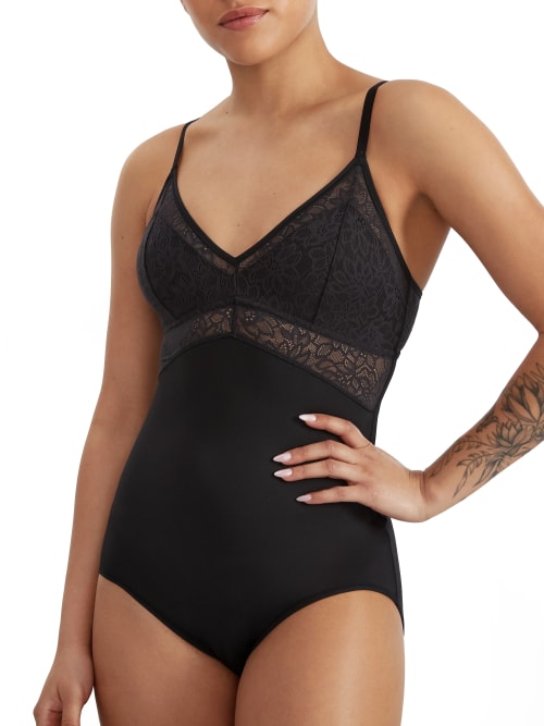 Shop Maidenform Tame Your Tummy Lace Firm Control Bodysuit In Black Lace