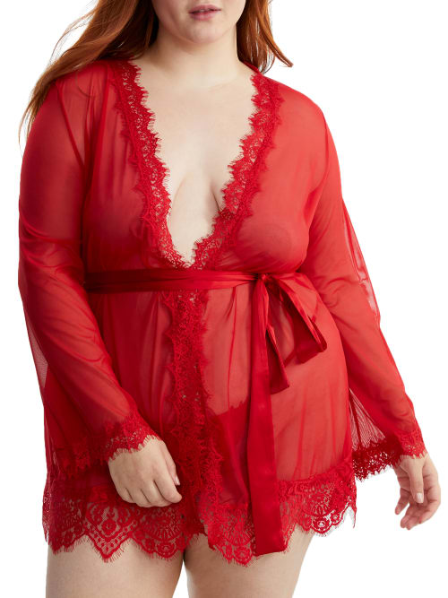 Oh La La Cheri Plus Size Provence Eyelash Lace Robe Set In Red