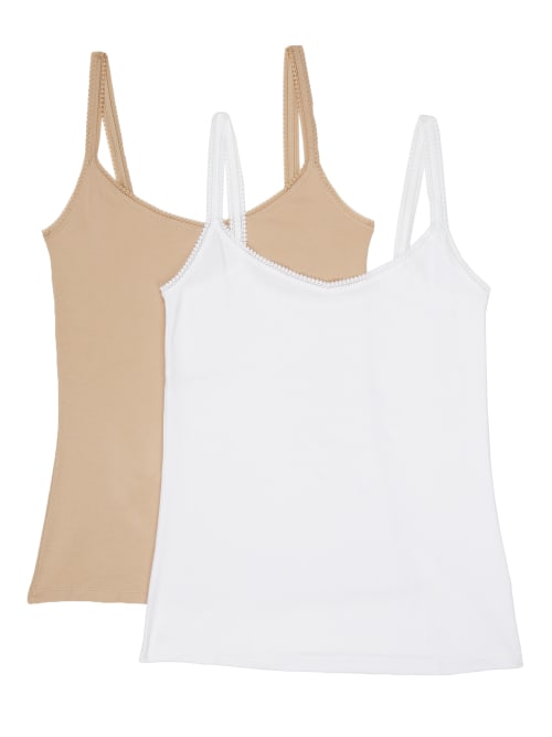 Shop On Gossamer Cabana Cotton Camisole 2-pack In Champagne,white
