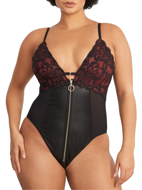 Pour Moi Onyx Zip-front Wire-free Bodysuit In Black,burgundy