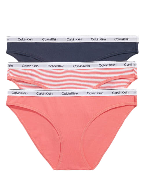 Shop Calvin Klein Modern Logo Bikini 3-pack In Navy,stripe,coral