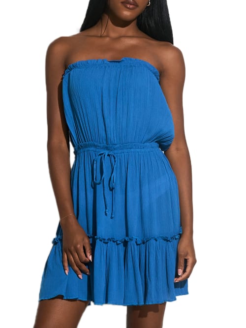 Shop Elan Strapless Ruffle Dress Cover-up In Blue