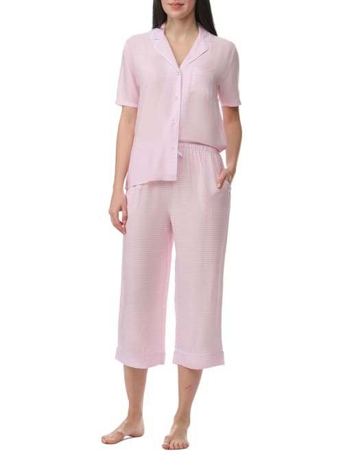Splendid Notch Collar Woven Capri Pajama Set In Pink Feeder Stripe