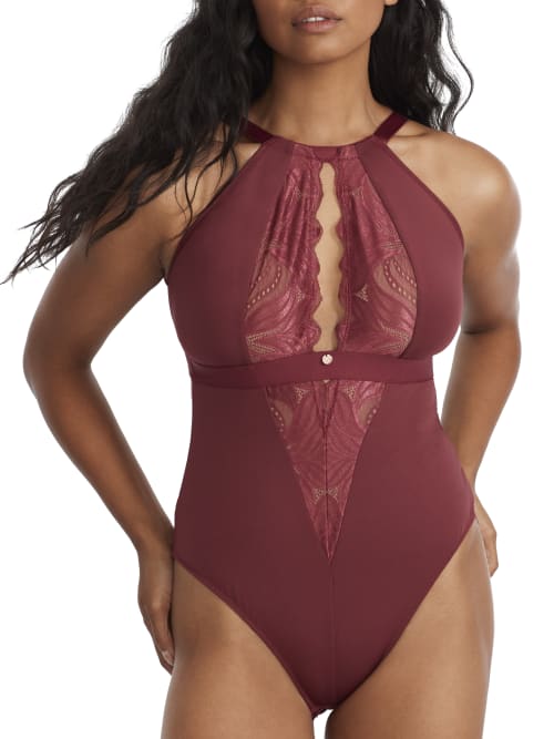 Scantilly By Curvy Kate Indulgence Stretch Lace Bodysuit In Ox Blood