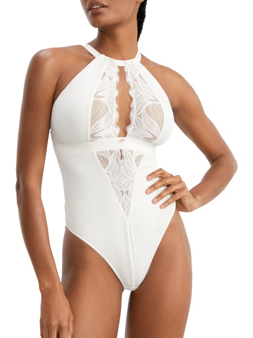 Scantilly By Curvy Kate Indulgence Stretch Lace Bodysuit In Ivory