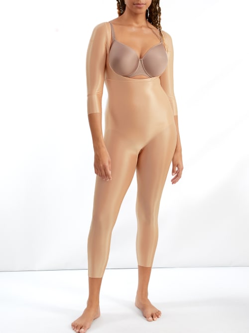 Suit Your Fancy Firm Control Open-bust Catsuit In Champagne Beige