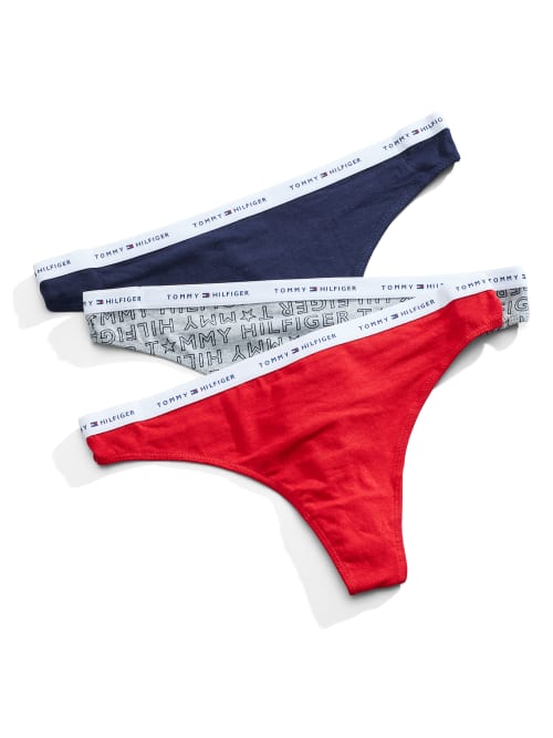 Tommy Hilfiger Cool Cotton Logo Thong 3-pack In Navy,grey Star,red
