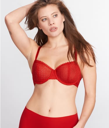 Cacique Sz 40C Bright Red Lace Bra Underwire Lightly Padded Satin