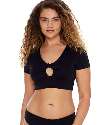 Classic Black Short Sleeves Front Tie Bikini Top with Seamless Full Co