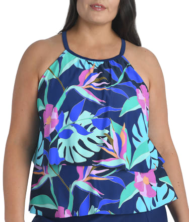 Maxine of Hollywood Plus Size Jungle Oasis High-Neck Tiered Tankini Top ...