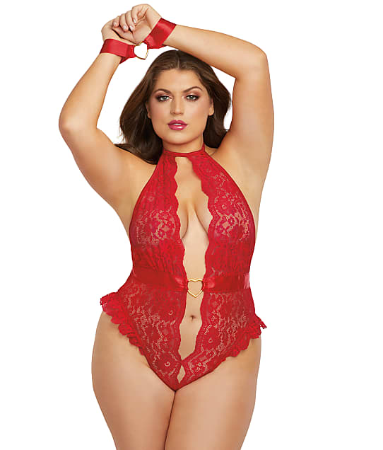 Dreamgirl Plus Size Crotchless Lace Teddy & Wrist Restraint Set in Rouge(Front Views) 12136X