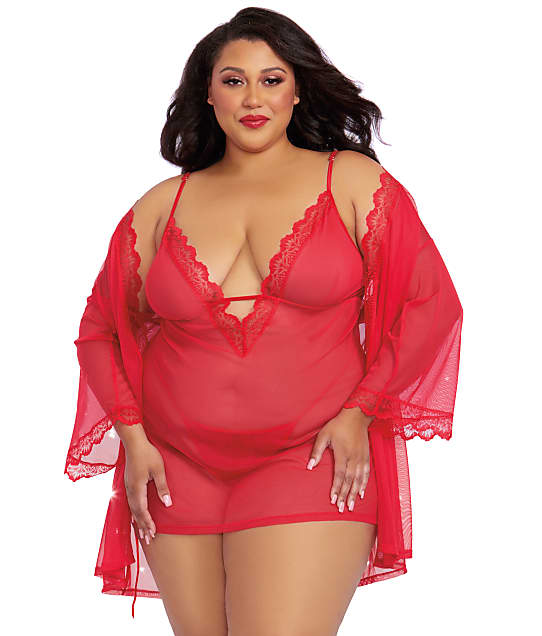 Dreamgirl Plus Size Sheer Chemise Robe Set in Rouge(Front Views) 12239X