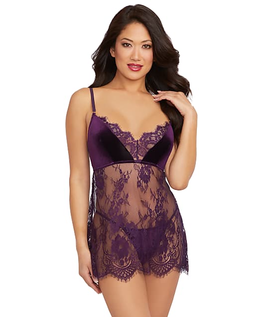 Dreamgirl Velvet & Lace Babydoll Set in Plum(Front Views) 12384