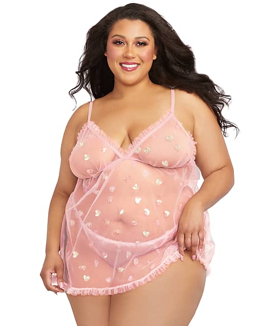 Dreamgirl Plus Size Sequin Heart & Mesh Babydoll Set in Pink(Front Views) 12394X