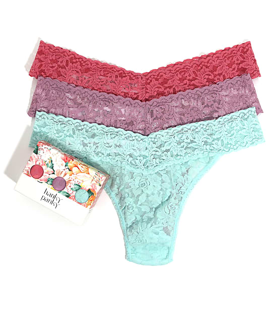 Hanky Panky Signature Lace Original Rise Thong Fashion 3-Pack in Pink/Waterlily/Blue 48113PVPK